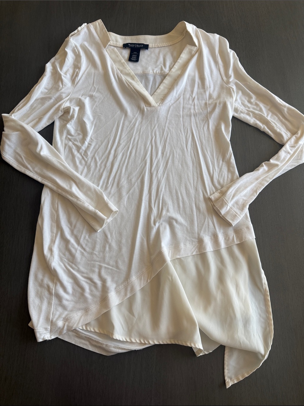 White House Black Market Cream V-Neck Long Sleeve Layered Hem Top